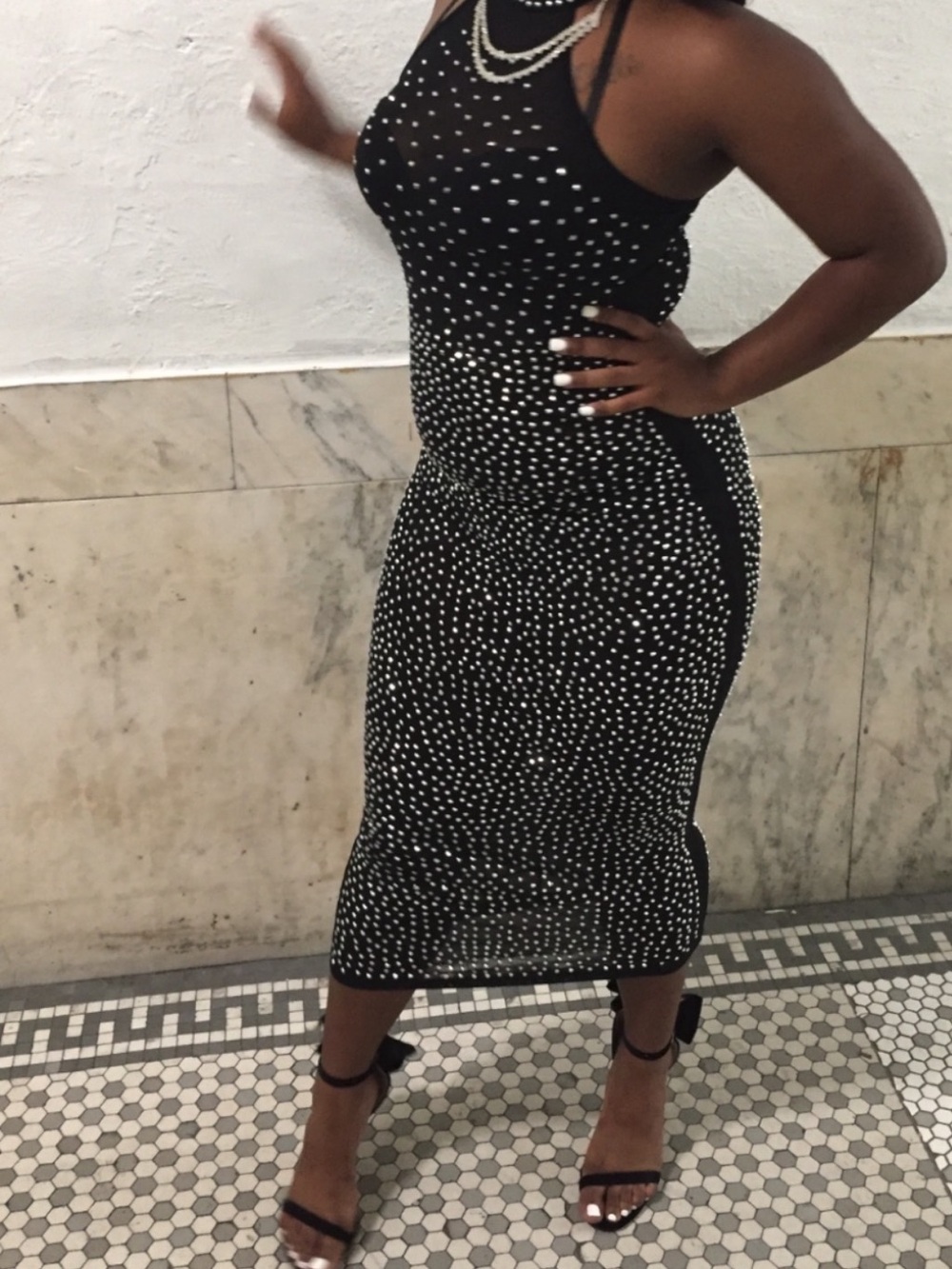 San Joy Black Rhinestone Halter Midi Dress